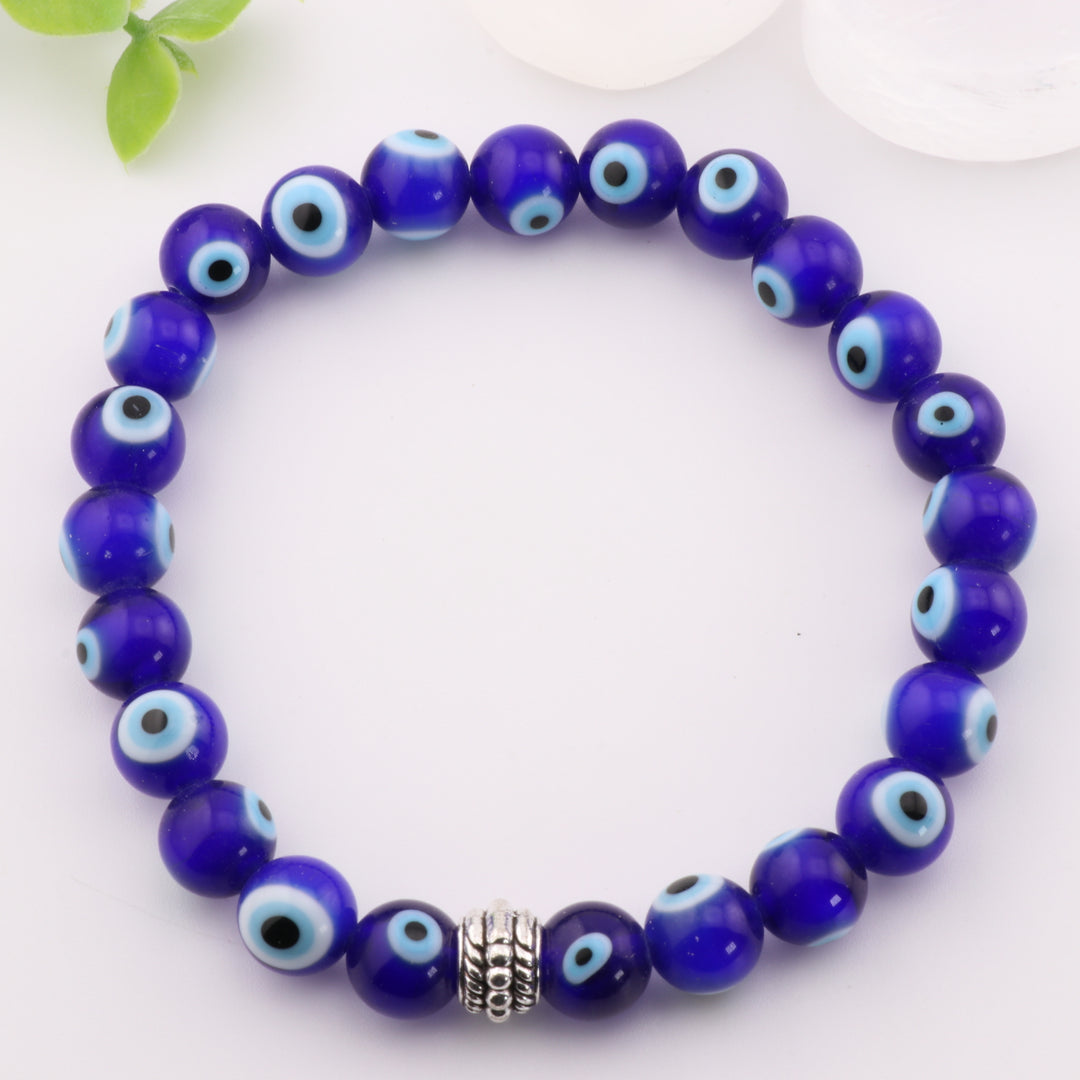 Protection Nazar - Evil Eye Charm Bracelet, Lampwork Glass Beads in Silver, 8mm