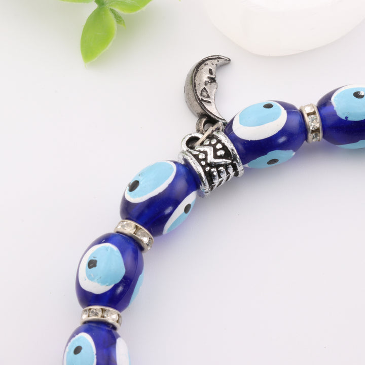 Protection Nazar-Evil Eye Bracelet - Silver-Toned with Dyed Plastic Beads & Charms, 8mm