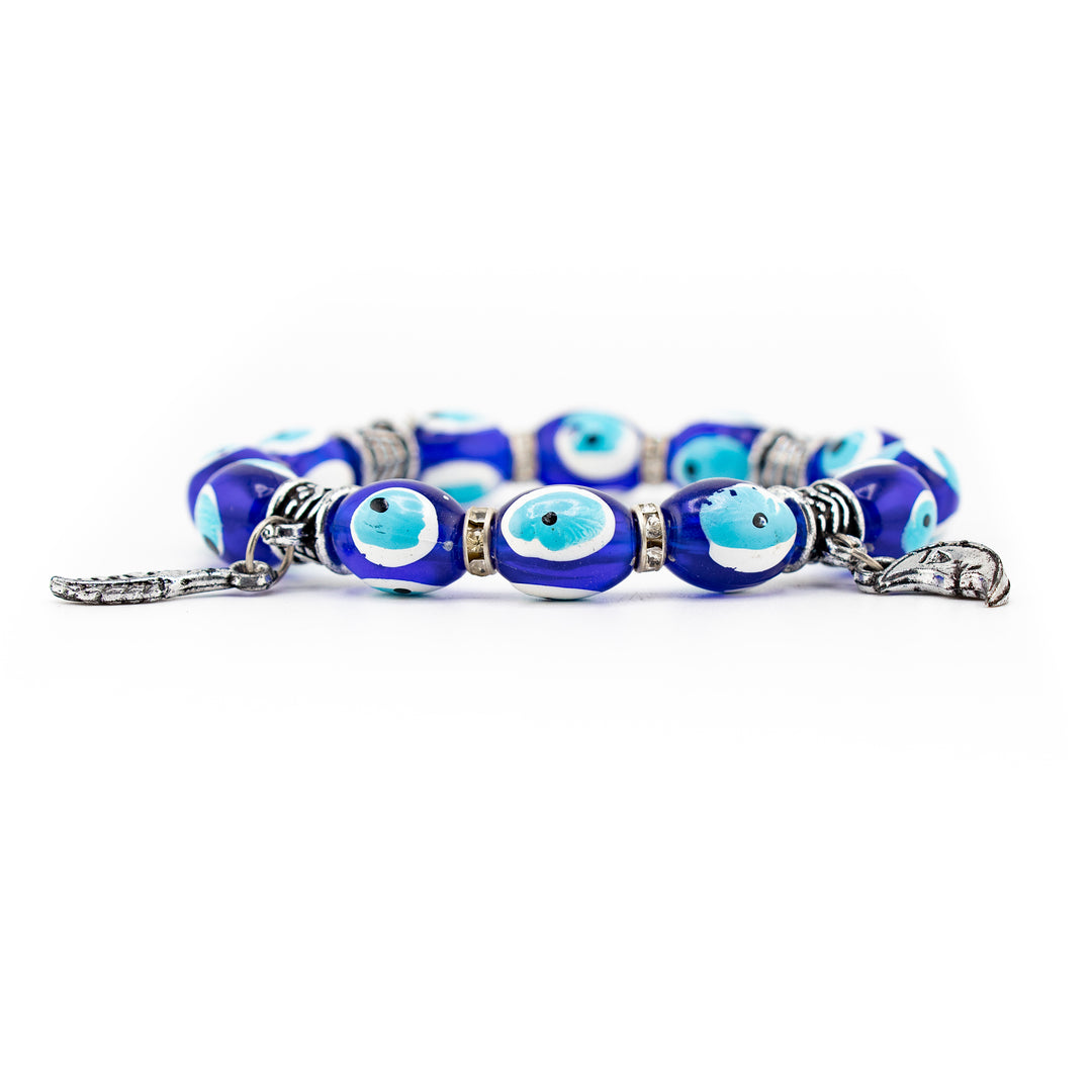 Bracelet de protection Nazar - Mauvais œil - Argenté avec perles et breloques en plastique teinté, 8 mm