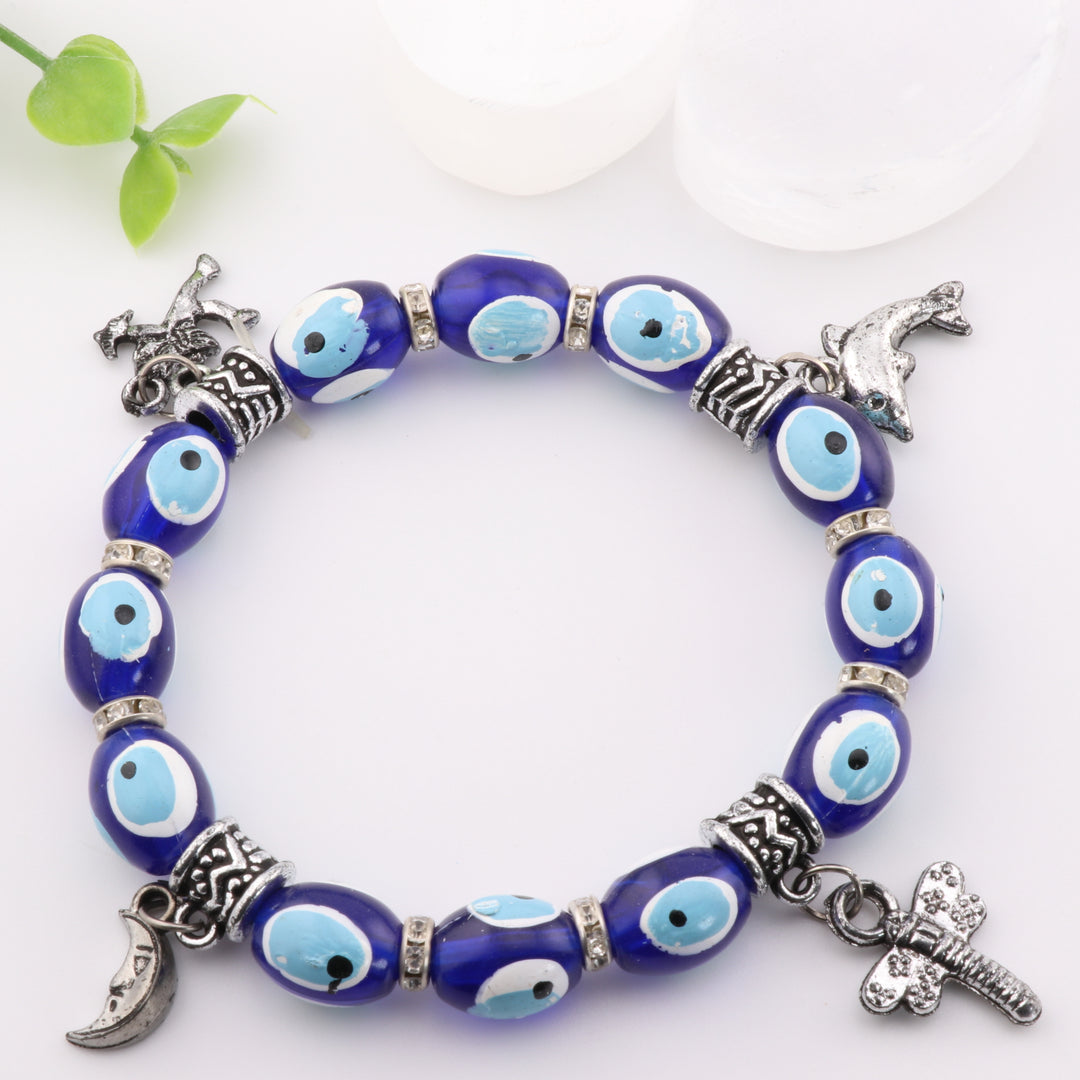 Protection Nazar-Evil Eye Bracelet - Silver-Toned with Dyed Plastic Beads & Charms, 8mm