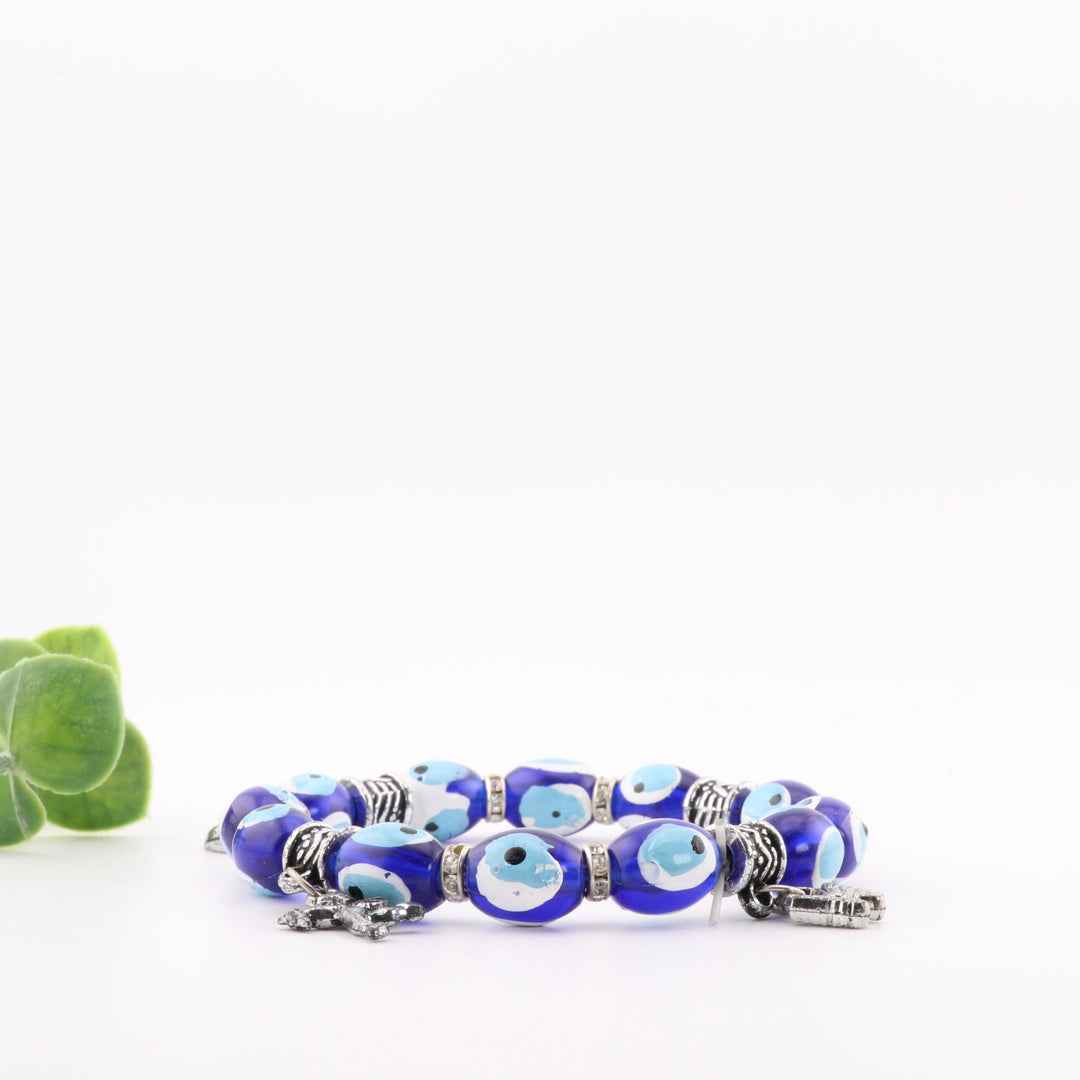 Protection Nazar-Evil Eye Bracelet - Silver-Toned with Dyed Plastic Beads & Charms, 8mm