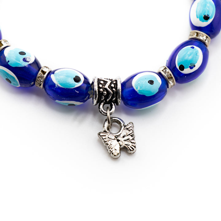 Bracelet de protection Nazar - Mauvais œil - Argenté avec perles et breloques en plastique teinté, 8 mm