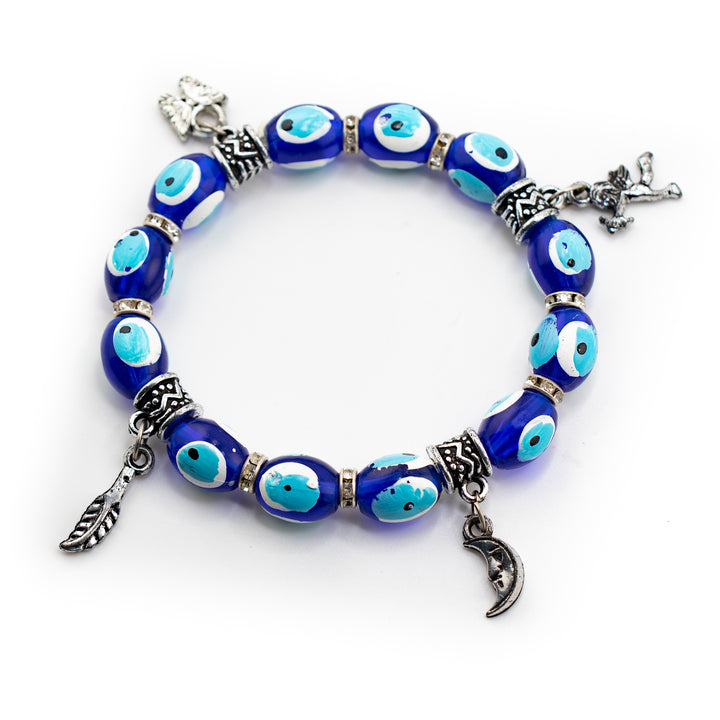 Bracelet de protection Nazar - Mauvais œil - Argenté avec perles et breloques en plastique teinté, 8 mm