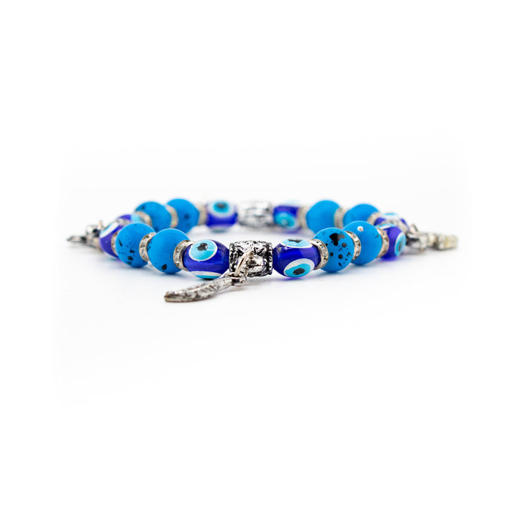 Bracelet teinté contre le mauvais œil, perle bleue de protection et nazar argenté, 8 mm