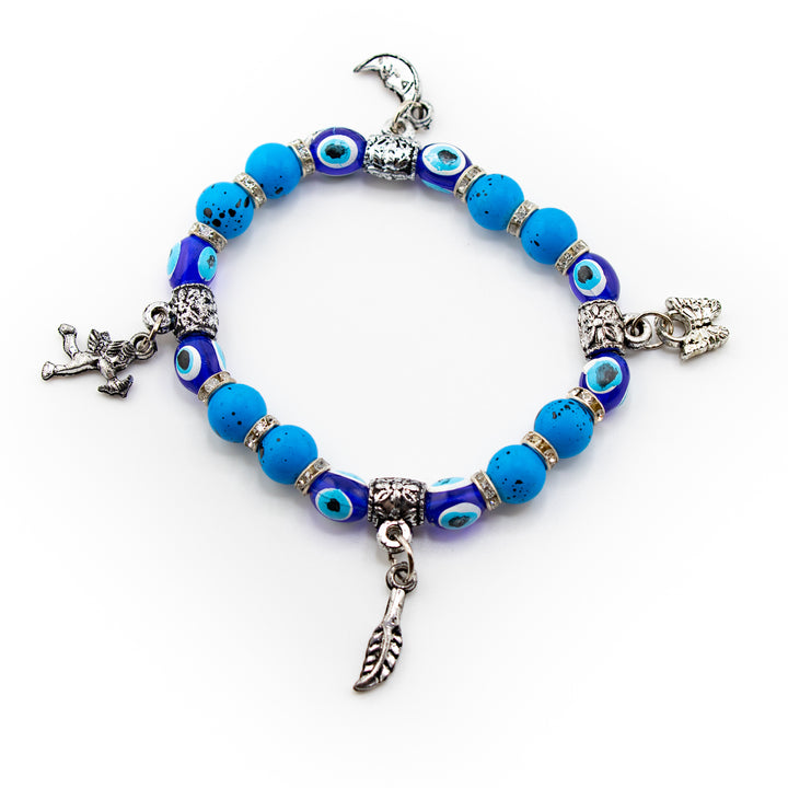 Bracelet teinté contre le mauvais œil, perle bleue de protection et nazar argenté, 8 mm