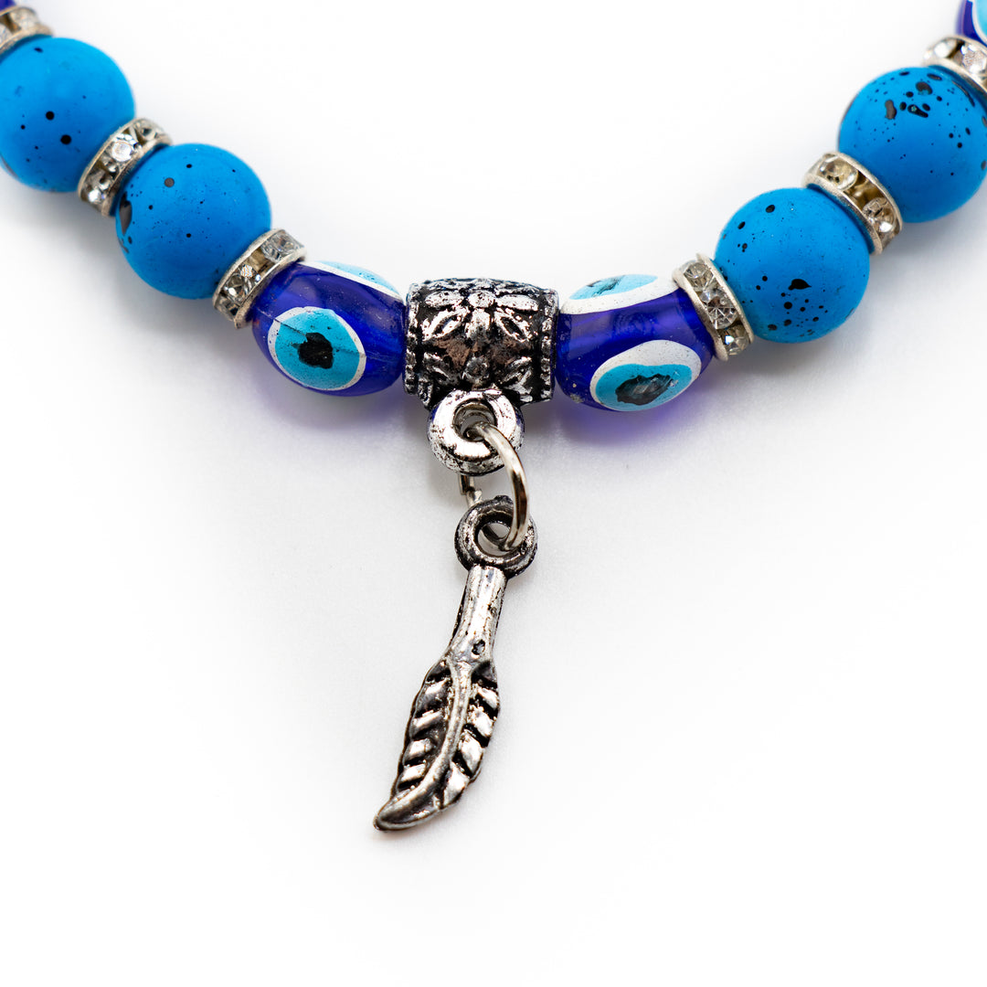 Bracelet teinté contre le mauvais œil, perle bleue de protection et nazar argenté, 8 mm