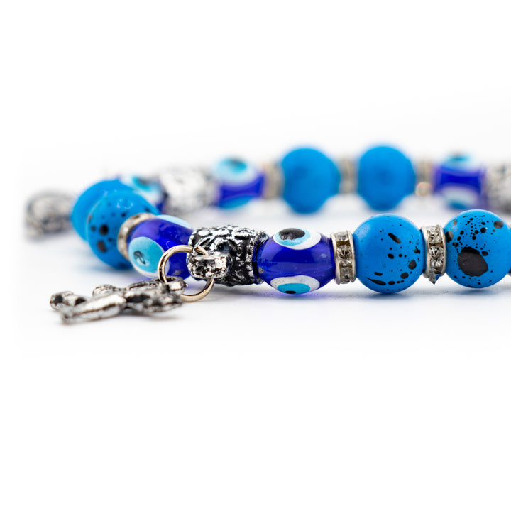 Bracelet teinté contre le mauvais œil, perle bleue de protection et nazar argenté, 8 mm