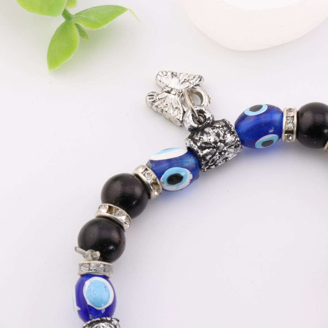 Protection Nazar - Evil Eye Charm Bracelet with Midnight Black Beads and Silver, 8mm