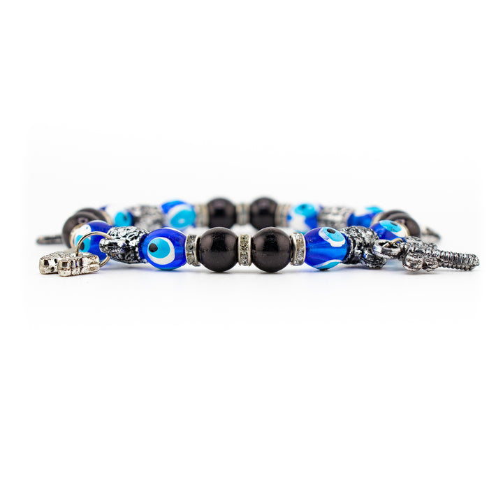 Bracelet Protection Nazar - Mauvais œil avec perles noires et argent, 8 mm