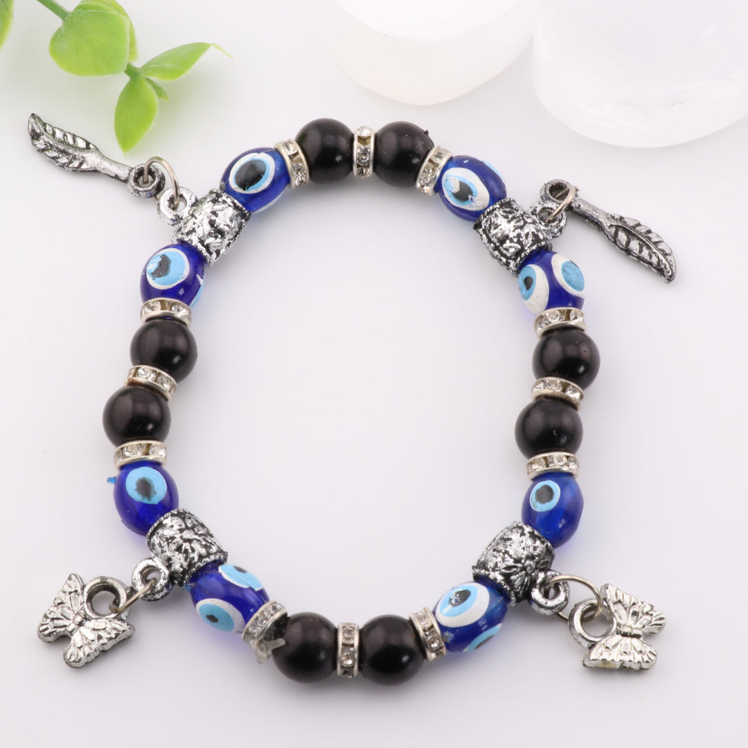 Protection Nazar - Evil Eye Charm Bracelet with Midnight Black Beads and Silver, 8mm