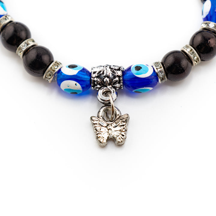 Bracelet Protection Nazar - Mauvais œil avec perles noires et argent, 8 mm