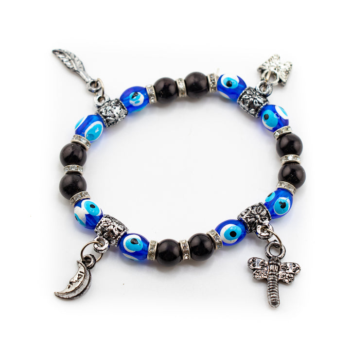 Bracelet Protection Nazar - Mauvais œil avec perles noires et argent, 8 mm