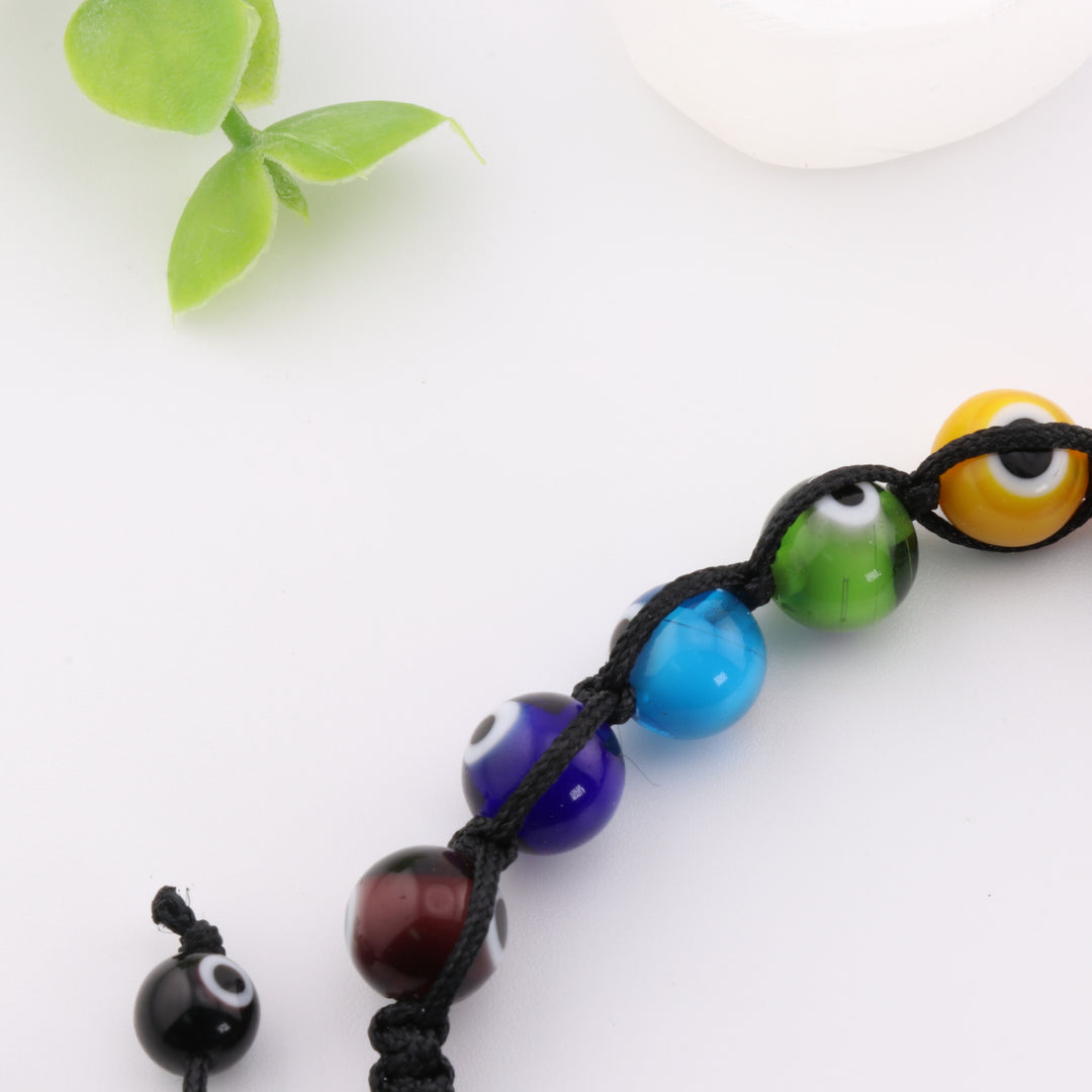 Braided Evil Eye-Nazar Bracelet – Handcrafted Multicolor Lampwork Beads, Adjustable Black Cord, 8mm Beads