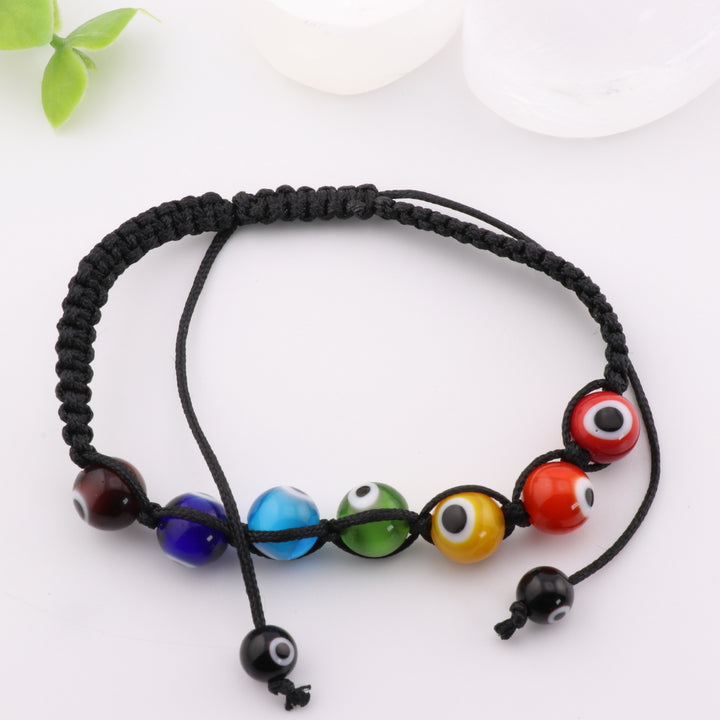 Braided Evil Eye-Nazar Bracelet – Handcrafted Multicolor Lampwork Beads, Adjustable Black Cord, 8mm Beads