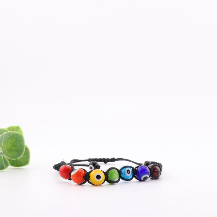 Braided Evil Eye-Nazar Bracelet – Handcrafted Multicolor Lampwork Beads, Adjustable Black Cord, 8mm Beads