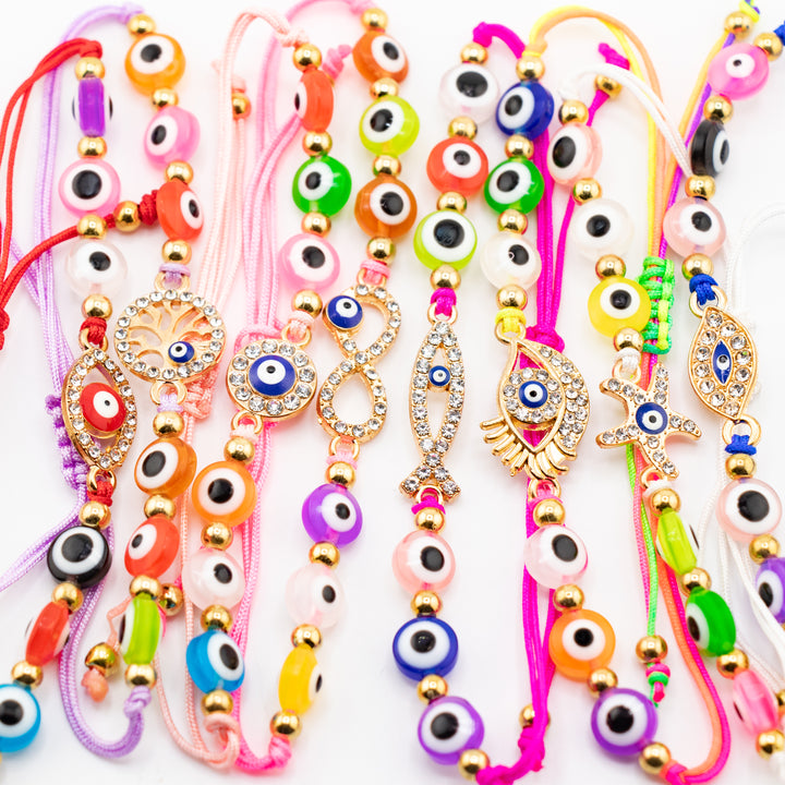 Bracelet Nazar tressé avec perles de verre multicolores contre le mauvais œil, cordon blanc réglable, perles de 8 mm