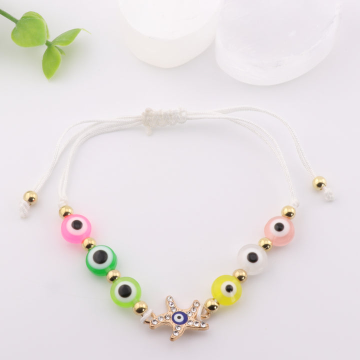 Braided Nazar Bracelet with Multicolored Evil Eye Glass Beads, Adjustable White Cord, 8mm Bead Size