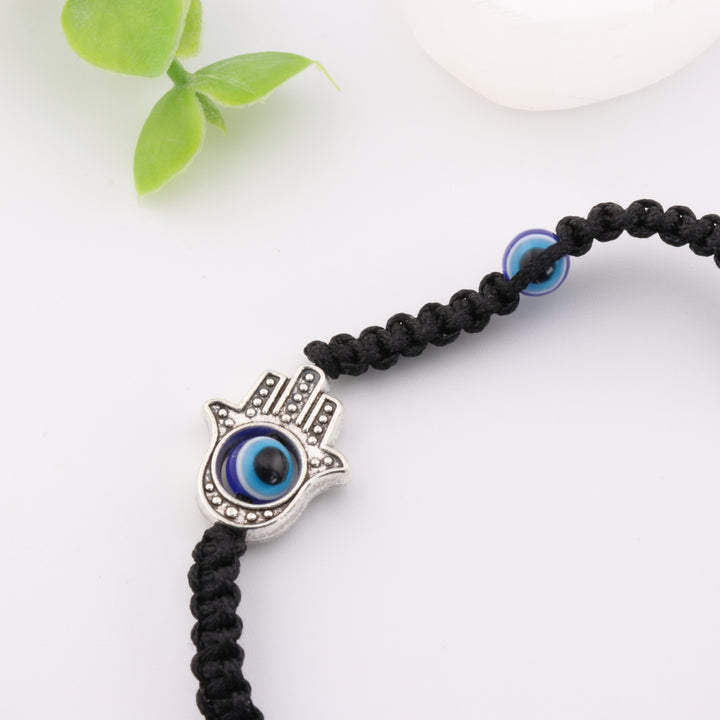 Black Braided Evil Eye & Hamsa Hand Charm Bracelet - Adjustable Design, 4mm Beads - Nazar, Hand of Fatima