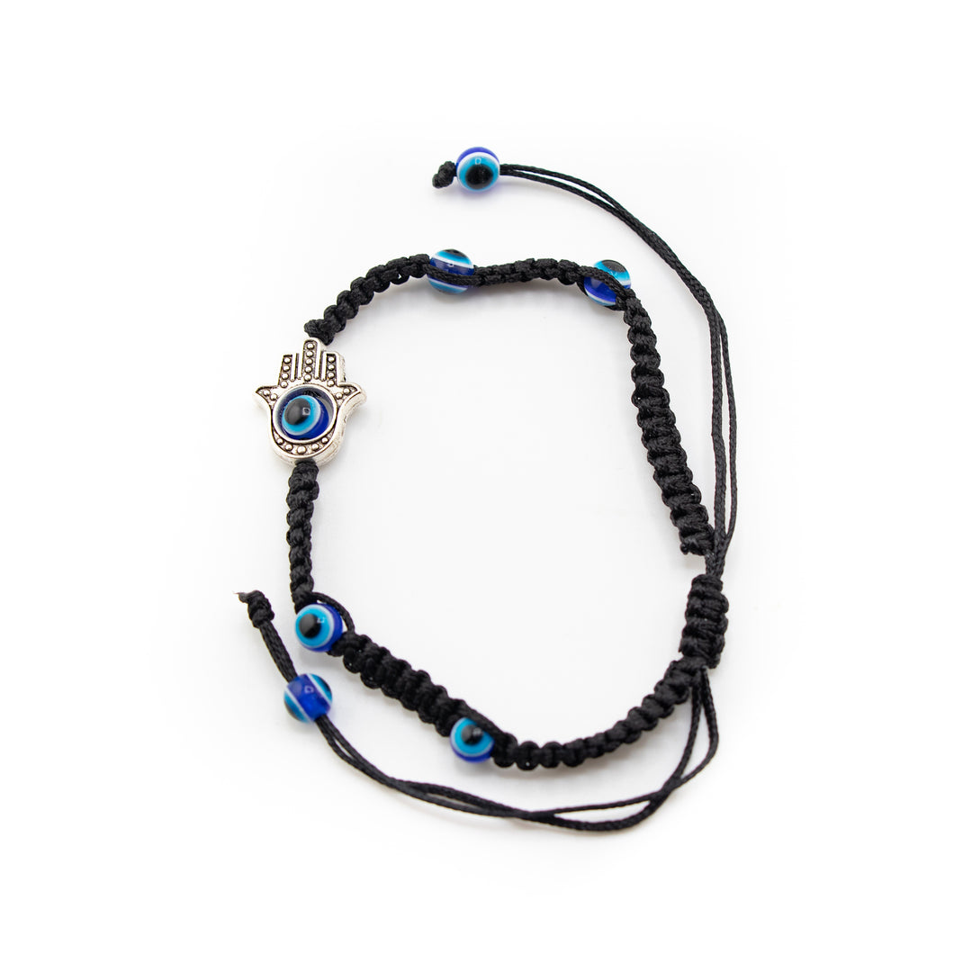 Bracelet tressé noir avec breloque mauvais œil et main de Fatima - Design ajustable, perles de 4 mm - Nazar, main de Fatima