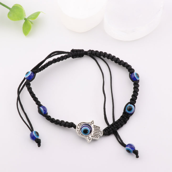 Black Braided Evil Eye & Hamsa Hand Charm Bracelet - Adjustable Design, 4mm Beads - Nazar, Hand of Fatima