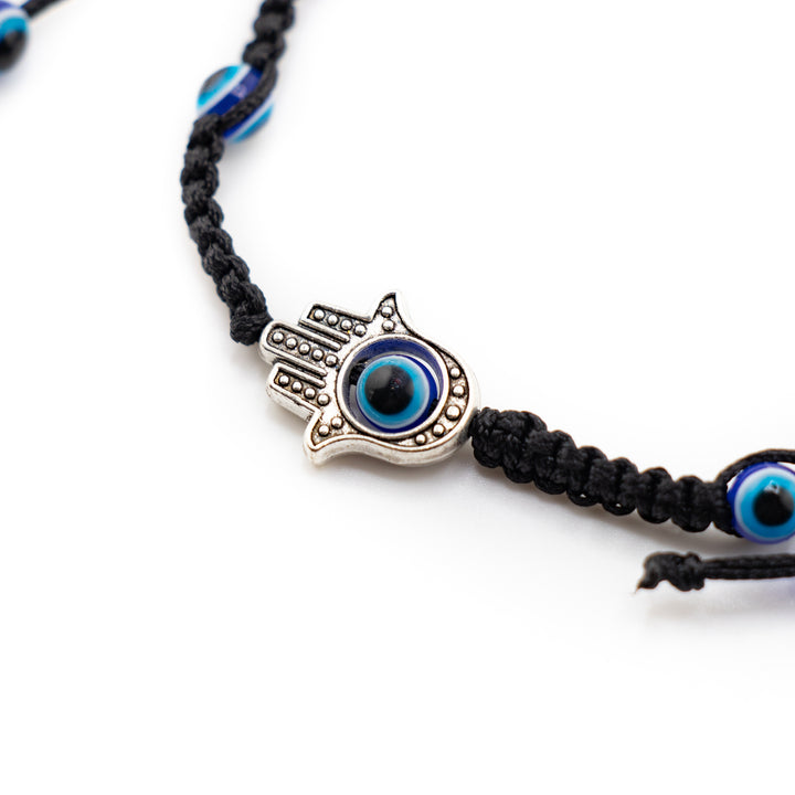 Bracelet tressé noir avec breloque mauvais œil et main de Fatima - Design ajustable, perles de 4 mm - Nazar, main de Fatima