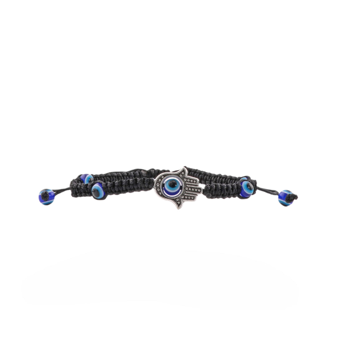 Bracelet tressé noir avec breloque mauvais œil et main de Fatima - Design ajustable, perles de 4 mm - Nazar, main de Fatima