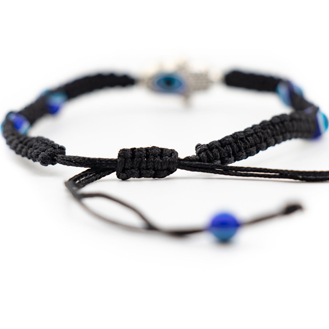 Bracelet tressé noir avec breloque mauvais œil et main de Fatima - Design ajustable, perles de 4 mm - Nazar, main de Fatima