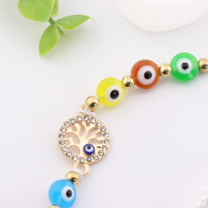 Braided Bracelet with Multicolored Evil Eye Glass Beads & Gold-Toned Tree of Life Charm - Adjustable Braid, 8mm