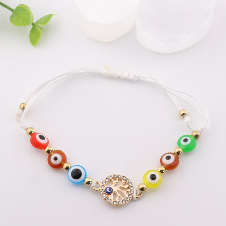 Braided Bracelet with Multicolored Evil Eye Glass Beads & Gold-Toned Tree of Life Charm - Adjustable Braid, 8mm