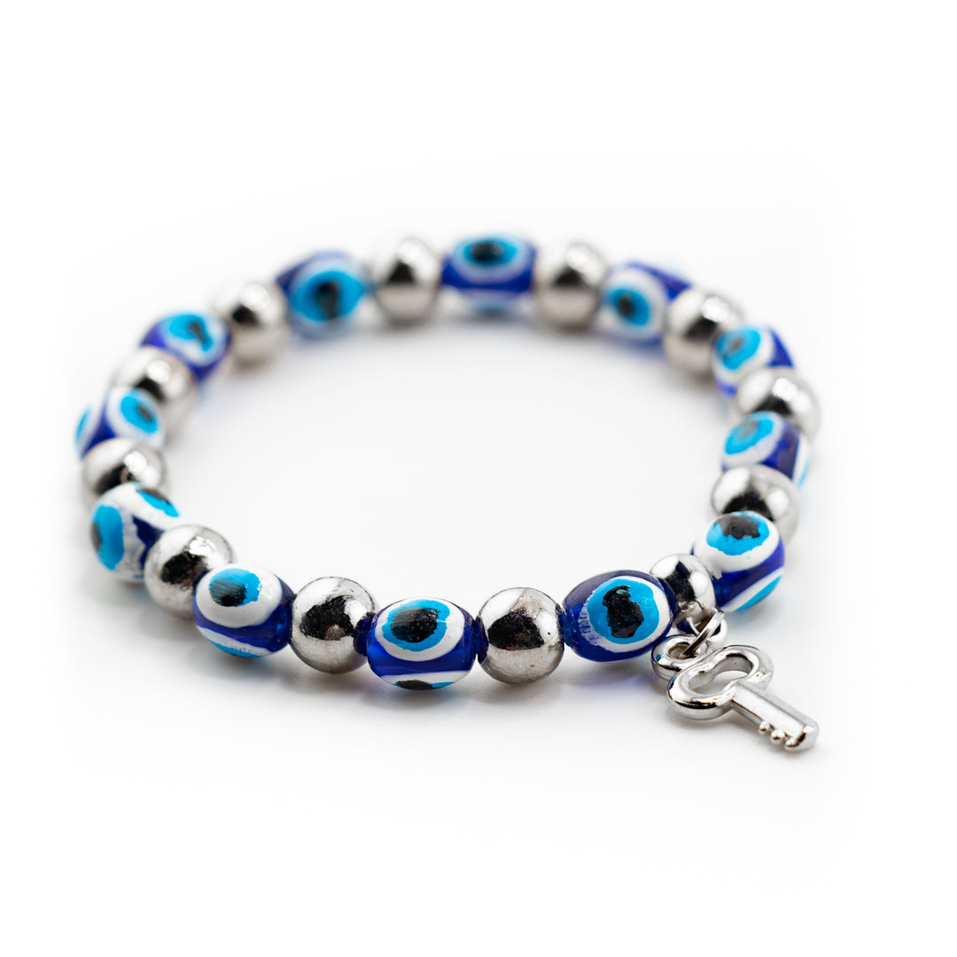 Bracelet de protection Nazar contre le mauvais œil avec perles en plastique argentées de 8 mm