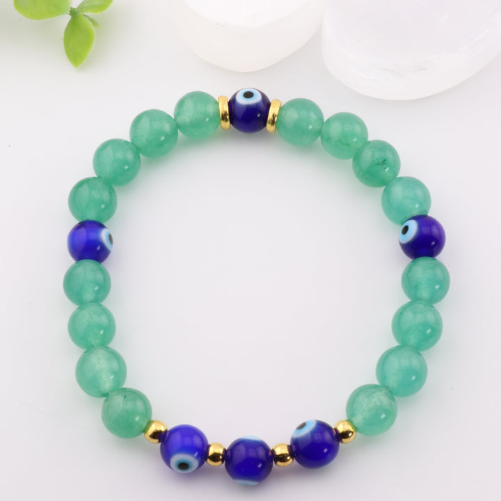 Natural Green Aventurine Bracelet with Protective Evil Eye Beads - 8mm | Healing Crystal Jewelry