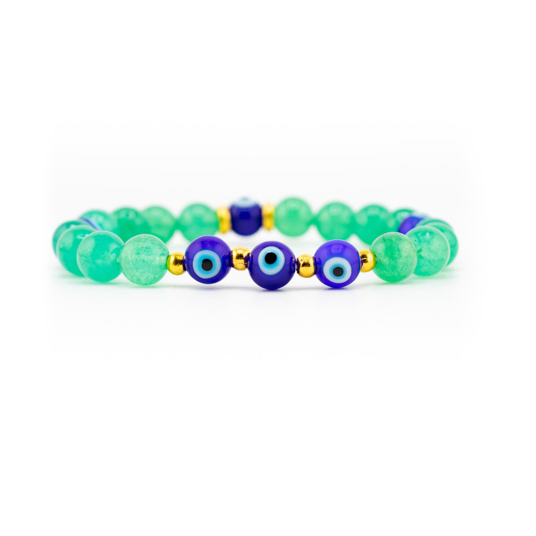 Natural Green Aventurine Bracelet with Protective Evil Eye Beads - 8mm | Healing Crystal Jewelry