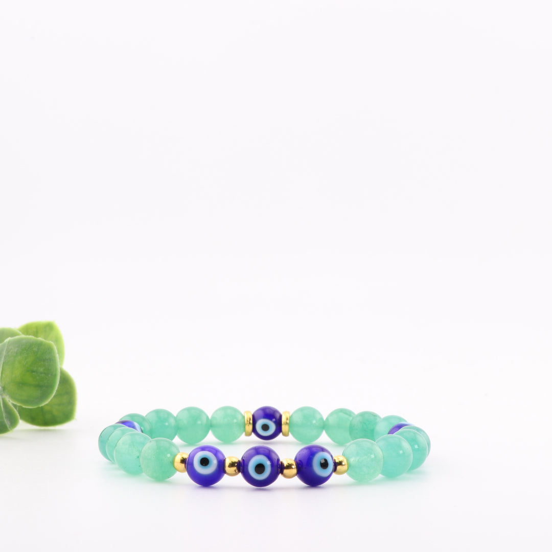 Natural Green Aventurine Bracelet with Protective Evil Eye Beads - 8mm | Healing Crystal Jewelry