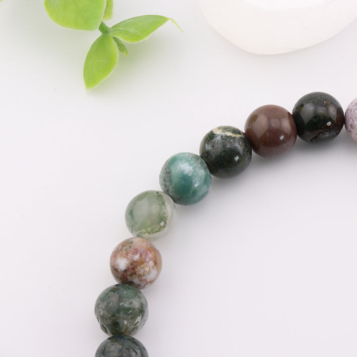 Natural Indian Agate & Chakra Bracelet – 8mm Gold Beads, Omm Symbol Charm | Crystal Healing Jewelry