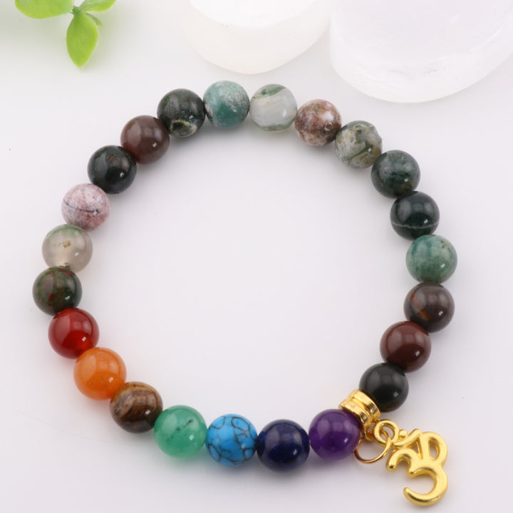 Natural Indian Agate & Chakra Bracelet – 8mm Gold Beads, Omm Symbol Charm | Crystal Healing Jewelry