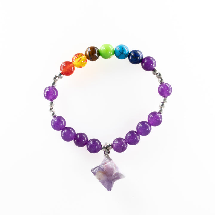 Natural Amethyst and Chakra Bracelet- with Merkabah Charm, 8mm - Chakra Balancing Bracelet