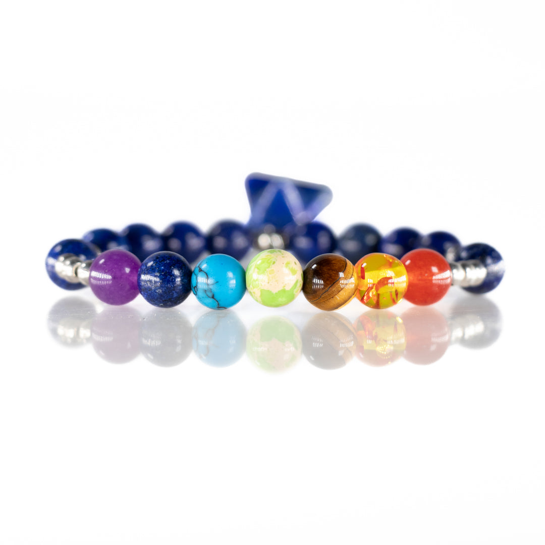 Pulsera de lapislázuli natural y chakras (con dije de Merkabah, 8 mm) - Pulsera para equilibrar los chakras