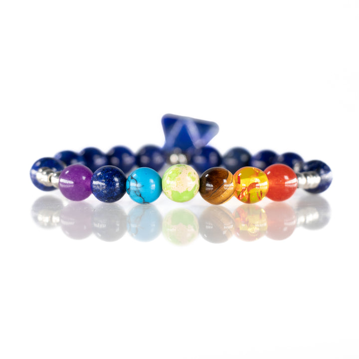 Pulsera de lapislázuli natural y chakras (con dije de Merkabah, 8 mm) - Pulsera para equilibrar los chakras