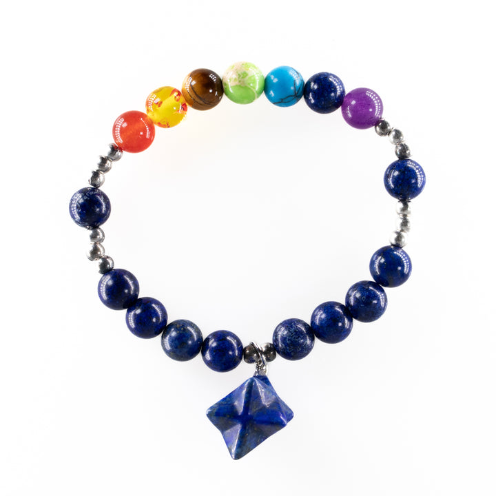 Pulsera de lapislázuli natural y chakras (con dije de Merkabah, 8 mm) - Pulsera para equilibrar los chakras