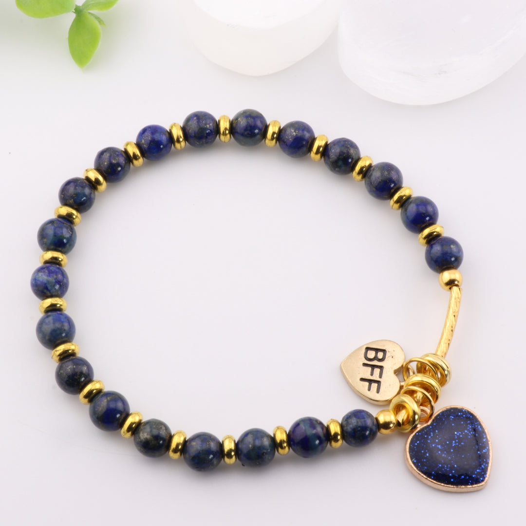 Natural Lapis Lazuli Heart Charm Bracelet - 6mm Gold Crystal Jewelry