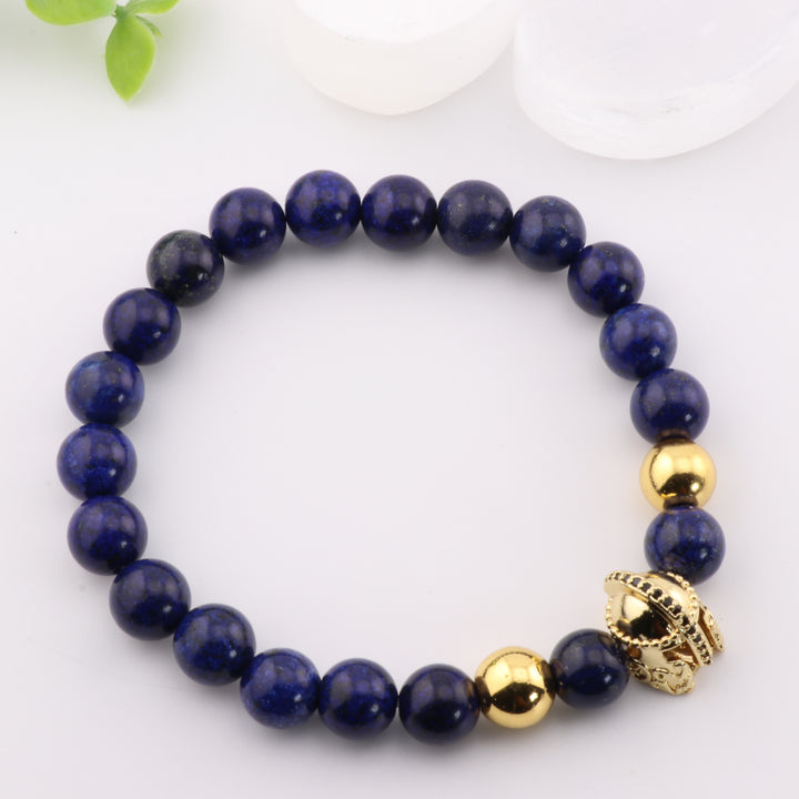 Natural Lapis Lazuli Gemstone Bracelet with Ancient Gold Helmet Accent - 8mm Beads