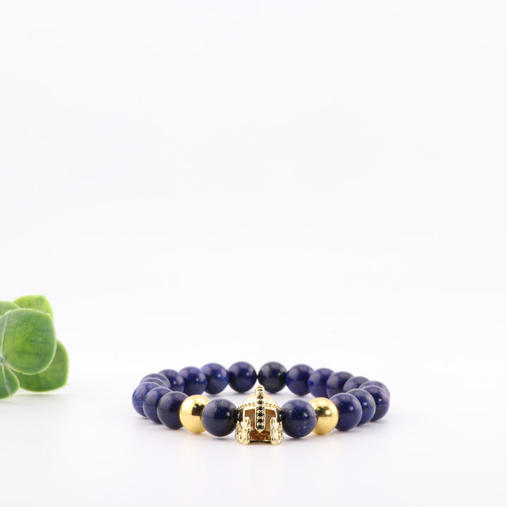 Natural Lapis Lazuli Gemstone Bracelet with Ancient Gold Helmet Accent - 8mm Beads