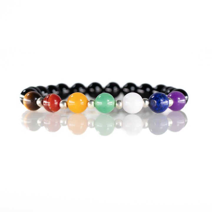 Pulsera de ónix negro natural y chakras con dije de Merkabah, 8 mm - Pulsera para equilibrar los chakras