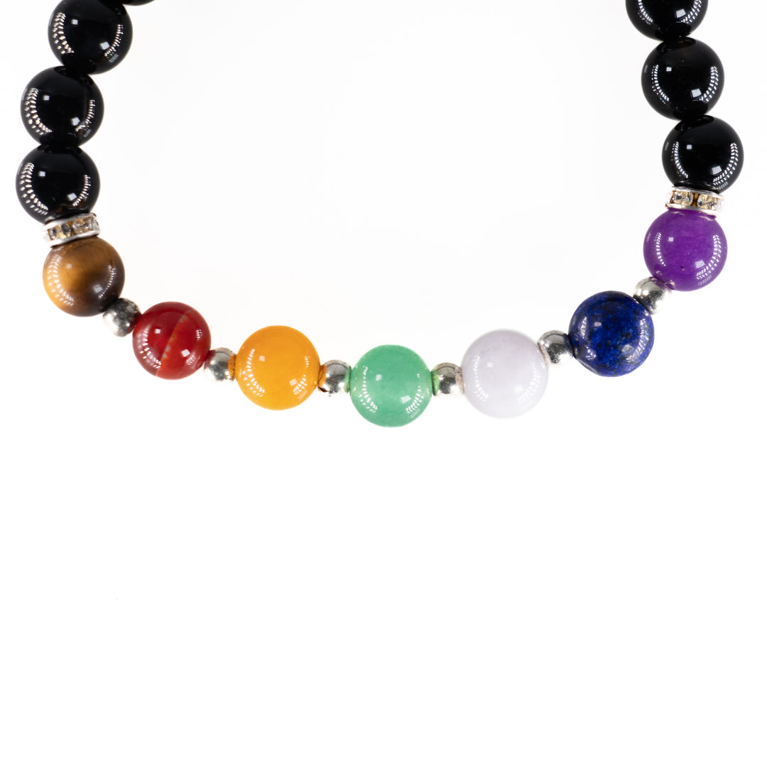Pulsera de ónix negro natural y chakras con dije de Merkabah, 8 mm - Pulsera para equilibrar los chakras