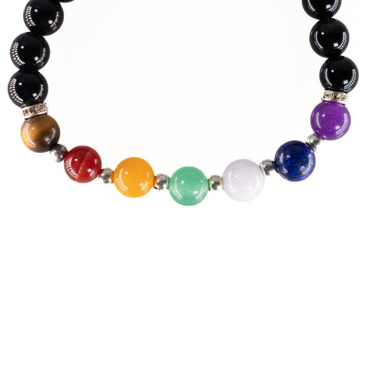 Pulsera de ónix negro natural y chakras con dije de Merkabah, 8 mm - Pulsera para equilibrar los chakras
