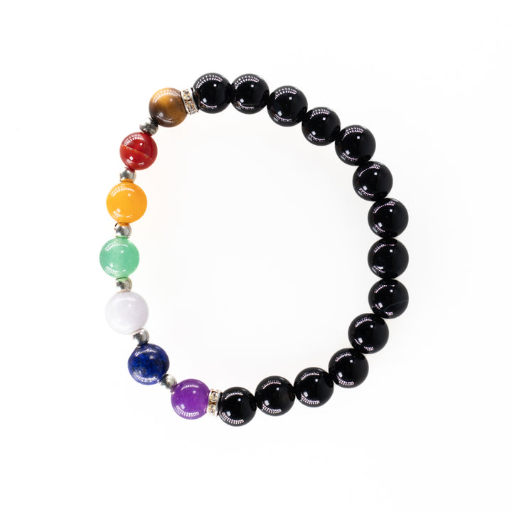 Pulsera de ónix negro natural y chakras con dije de Merkabah, 8 mm - Pulsera para equilibrar los chakras