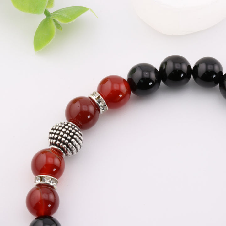 Natural Black Onyx & Carnelian Charm Bracelet - Stylish 8mm Silver Beads, Crystal Energy Jewelry