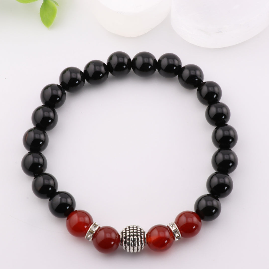 Natural Black Onyx & Carnelian Charm Bracelet - Stylish 8mm Silver Beads, Crystal Energy Jewelry