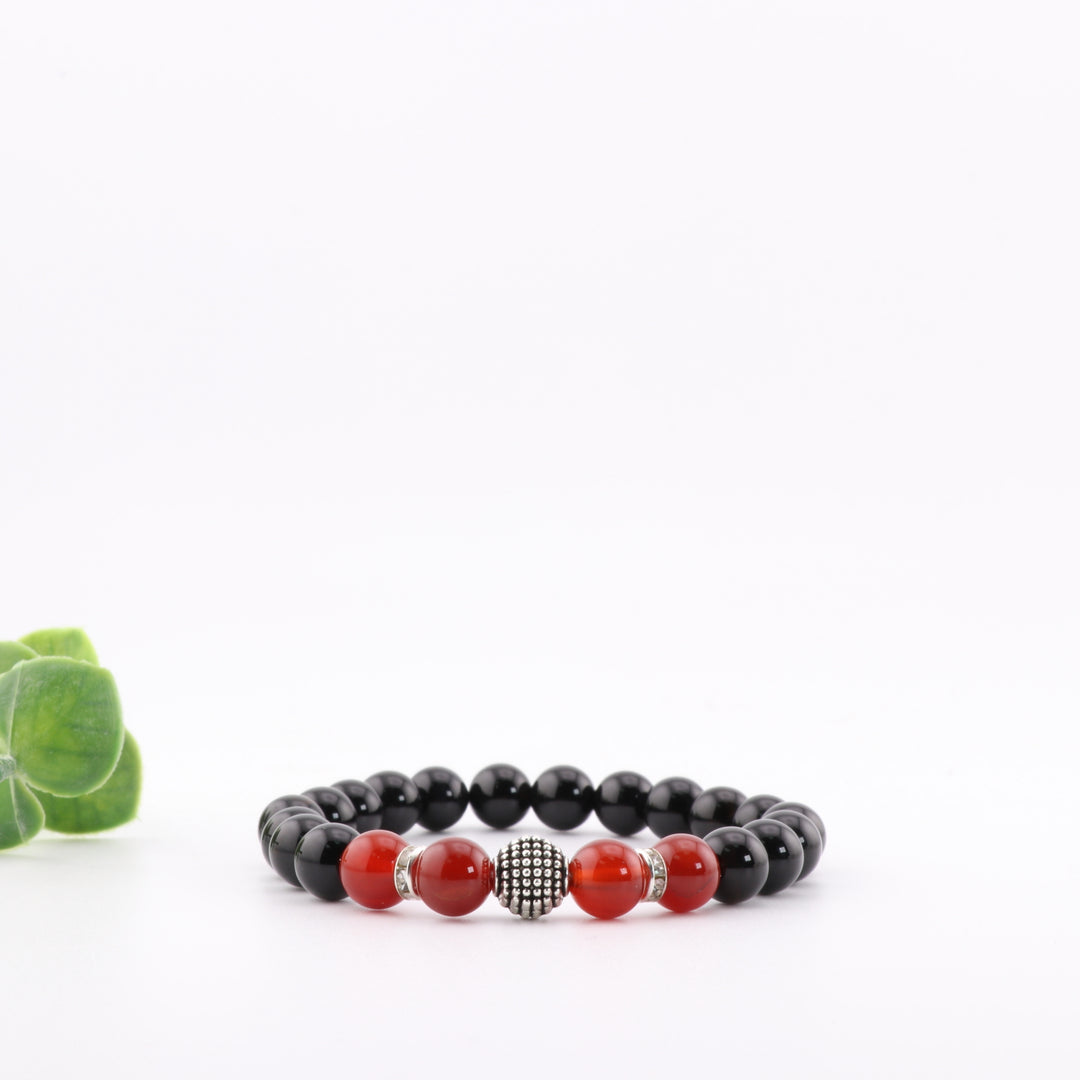 Natural Black Onyx & Carnelian Charm Bracelet - Stylish 8mm Silver Beads, Crystal Energy Jewelry