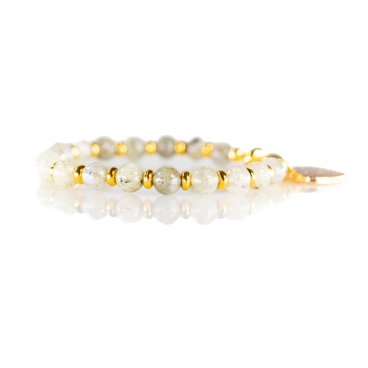 Natural Labradorite Heart Charm Bracelet – Captivating Gold Crystal Jewelry, 6mm Beads